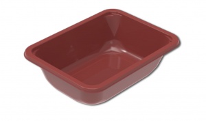 Ceci est un plateau rectangulaire avec une finition brillante rouge vif et des coins arrondis. Le plateau présente des côtés légèrement inclinés qui descendent jusqu’à un fond plat et encastré, offrant une apparence propre et uniforme. Son rebord large et surélevé comporte des indentations arrondies aux coins, apportant un détail structurel subtil et un design cohérent. La couleur rouge audacieuse distingue ce plateau, lui donnant une esthétique frappante et attrayante. La surface est lisse et uniforme, sans embossage ni marquage visible.